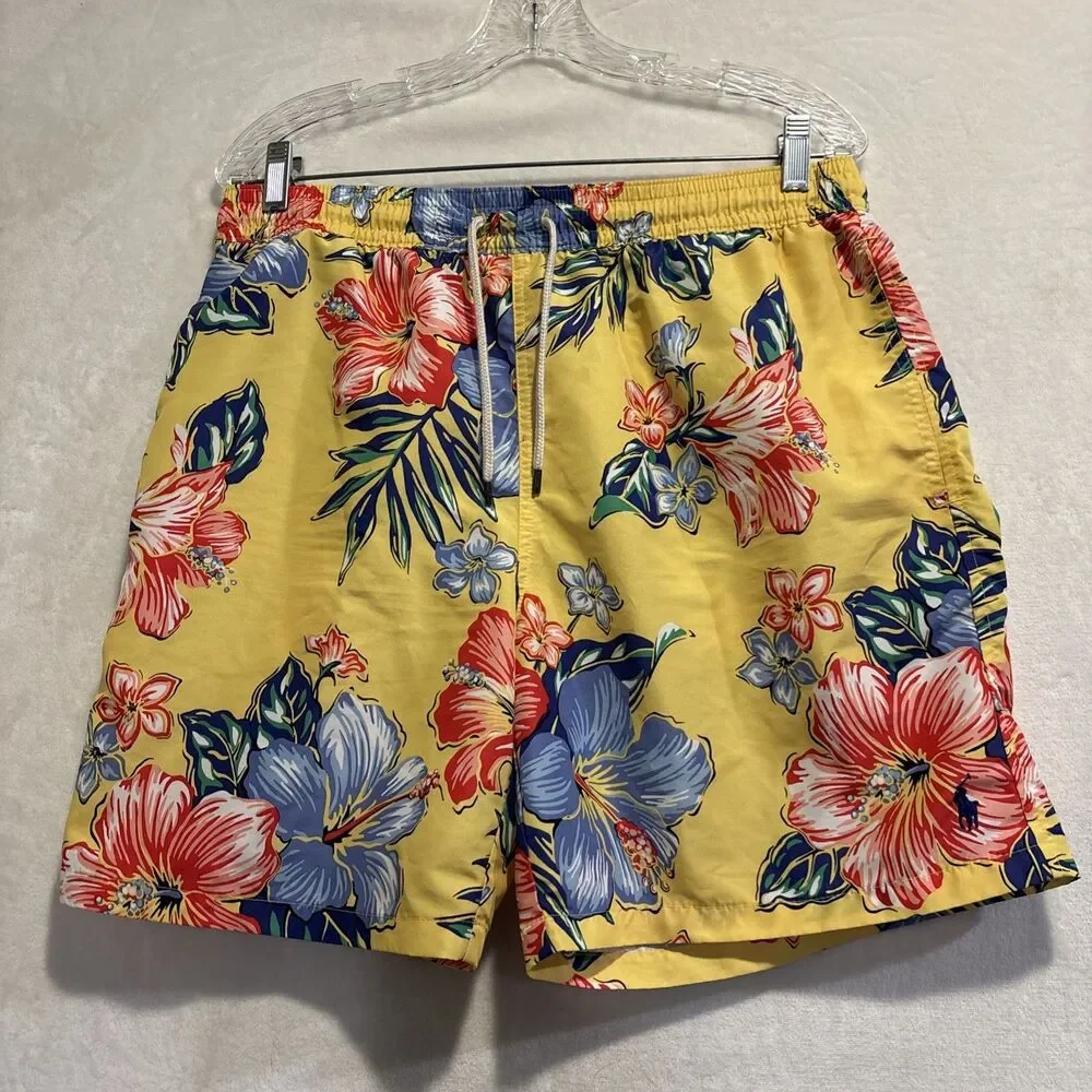 Polo Ralph Lauren Long Swim Trunks Men's Large Yellow Hibiscus Floral Traveler